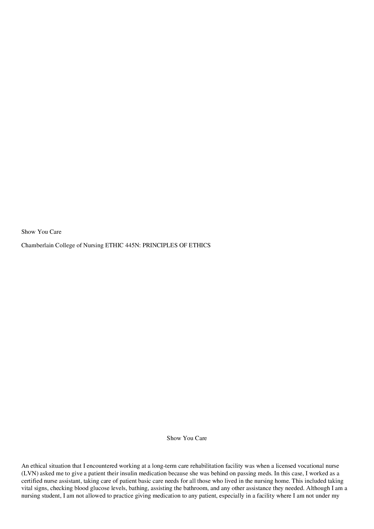 Preview image for ETHC 445 Week 6 Assignment Show You Care Ethics